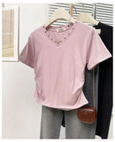 Women's V-Neck Rivet Detail Ruched Short Sleeve T-shirt Casual Slim Fit Crop Top