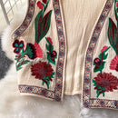 Vestê Feminino de Crochê com Bordado Floral e Decote V - Vintage Folk Tricô Primavera Outono