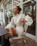 Lace Elegant Skirt Two Piece Set Women Turtleneck Hollow Out Lantern Sleeve Tops Irregular Hem Mini Skirt 2025 Chic Party Suit