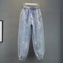 High waisted Jeans For Summer 2025 New Loose Elastic waist Hot pressed Diamond Pants Women's Casual Denim Trousers