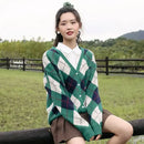 Cardigan Tricô Xadrez Feminino Estilo Coreano - Decote V Outono Inverno 2025