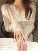 Fashion Women Chic V-Neck Lace Knitted  Cardigan Elegant Shirt Tops