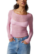 Women Lace Pullover TopS Retro Long Sleeve Round Neck See Through Solid Color Fitted T-Shirts Casual Blouse Streetwear Y2K 2000s