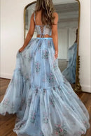 Women Boho 2 Piece Floral Chiffon Maxi Dress Sexy Summer Lace Corset Top & Tiered Flowy Tulle Skirt Set for Prom Wedding Party