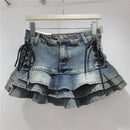 Y2k Denim Sexy Pleated Ruffle Mini Skirts for Women Summer 2025 New Fashion Lace-up Slim Low Waist Vintage Jean Short Skirt