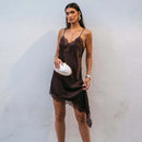Vestido Mini Feminino Preto de Cetim com Renda e Alças - Sexy Costas Abertas Assimétrico Festa Noite