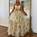 Women Boho 2 Piece Floral Chiffon Maxi Dress Sexy Summer Lace Corset Top & Tiered Flowy Tulle Skirt Set for Prom Wedding Party
