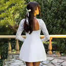 Vestido Mini Feminino com Renda Patchwork e Cintura Franzida - Linha A Costas Abertas Sexy Festa Balada Outono Inverno