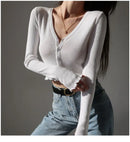 Sexy Knitted Cardigan V Neck Naked Navel Crop Tops Chic Fungus Hem Shirt Women's Spring and Summer Korean Versatile Y2k Sweater