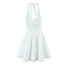 Vestido Mini Feminino Branco com Halter e Decote V - Sexy Costas Abertas Amarrão Evasê Festa Verão
