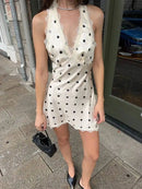 Vestido Mini Feminino de Cetim com Poa e Halter - Sexy Decote V Profundo Costas Abertas Praia Clube