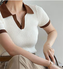 Top Tricô Feminino Manga Curta Decote V - Slim Elegante Casual Verão 2025