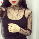 Women Lace Bottomed Blouse T-shirt Spring And Autumn Long Sleeve Mesh Crop Top Foreign Style Sexy Hollow Mesh Top High Neck 2024