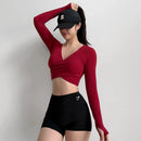 Women's Cross V-Neck Workout Top, Cropped Long Sleeve Open Back Shirt, Sexy Yoga Pilates Fitness Wear