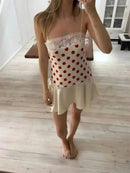 Vestido Mini Feminino Vermelho com Poa e Alças de Cetim - Sexy Sem Manga Costas Abertas Slim Praia Clube