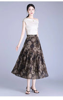Women Floral Print Tiered Midi Skirt Elastic High Waist Pocketed Ruffle Hem Casual Boho Long Skirt