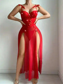 Vestido Longo Feminino Vermelho Floral com Renda Transparente e Alças - Sexy Decote V Profundo Costas Abertas Sem Manga