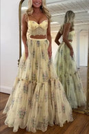 Women Boho 2 Piece Floral Chiffon Maxi Dress Sexy Summer Lace Corset Top & Tiered Flowy Tulle Skirt Set for Prom Wedding Party