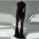 Women Pleated Elastic High Waist Fashion Evening Party Trousers See Through Mesh Pleated Flare Pants 2025 Summer Gown Chic Pants