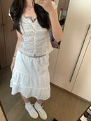 Floral Embroidery Lace Trim Midi Skirt Women White Waist Lace-up Ruffle A-line Faldas Sweet Casual Preppy Style Short Skirts