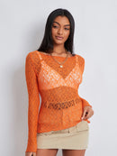 Women Lace Pullover TopS Retro Long Sleeve Round Neck See Through Solid Color Fitted T-Shirts Casual Blouse Streetwear Y2K 2000s