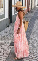 Tie Dye Print Spaghetti Strap Dresses Women Bohemian Style Loose Backless Vacation Beach Long Dress Female Fashion Streetwear