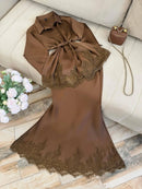Women Two Piece Sets Skirt Set Turn Down Collar Lace Sexy Full Sleeve Tops Long Skirts High Waist Y2k Streetwear Elegant Work