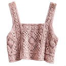 Women Crochet Sleeveless Crop for Tank Top Retro Knit Plaid Square Neck Sweater 6XDA