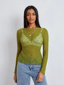 Women Lace Pullover TopS Retro Long Sleeve Round Neck See Through Solid Color Fitted T-Shirts Casual Blouse Streetwear Y2K 2000s