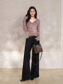 Elegant Ruched Cross V Neck Knit Top Slim Fit Long Sleeve Shirt for Women Chic Casual Early Spring Daily Base Layer Style Lady