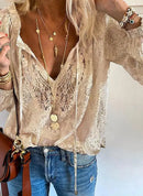 2026 Women's Fashion Solid Color Lace Long Sleeve Shirt Loose Slim Fit Versatile Elegant Office Commute Casual Pullover Blouse