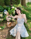 Vestido Mini Feminino Floral com Costas Abertas e Alças - Sexy Romântico Sem Manga Férias Verão