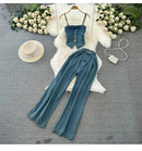 Faionable Denim ter Ne Crop Top And High Waist  Skirt Women's Set Summer Polyester Material Youthful Sle