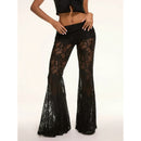 Womens Elegant Sheer Floral Lace See-through Long Pants Elastic High Waist Trendy Wide Leg Flared Trousers Streetwear