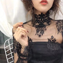 Sexy Women Lace Blouses Long Flared Sleeve High Collar Inner Wear Lace Shirt Base Tunic Top Perspective Vintage Bottom Blouse