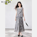 VIMLY Chinese Style Floral Print Skirt Set Women 2026 Summer Outfit Sleeveless Top Maxi Skirt Lady Two Piece Clothing Set A6121