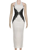 Vestido Longo Feminino com Renda e Halter - Sexy See Through Elegante Festa