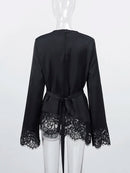 Lace Patchwork Women Blouse Long Sleeve O-neck Solid Belt Female Casual Tops Asymmetric Hem Elegant Office Ladies Streetwear