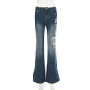 Flare Pants Jeans Women Embroidery Boot Cut Low Waist Washed Distressed Pockets Floor Length Streetwear 2025 Denim Trousers