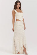 Lace Bandage 2 Piece-Set Long Skirt Female Patchwork Fashion Backless High Waist Elegant Lace-Up Maxi Skirt Sets Outfits