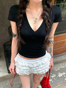 Camiseta Cropped Feminina Básica com Decote V e Manga Curta - Slim Sexy Cor Sólida Casual Streetwear Verão