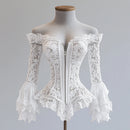 Off Shoulder Lace Blouse for Women Flare Sleeve Zipper Fly Solid Elegant Chic Sexy Hollow Out Long Sleeve Tops Irregular Hem Top