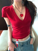 Camiseta Cropped Feminina Básica Preta com Decote V e Manga Curta - Slim Sexy Casual Streetwear Verão
