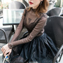 Elegant Lace T-shirt For Women Mesh Long Sleeve Tops See Through Top Transparent Sheer Blouse  High Neck Bottoming Shirts