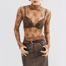 Sexy Lace Bottomed Blouse Women Long Sleeve Crop Top Sleeved High Neck With Hollowed Out Chiffon Foreign Style Sexy Mesh