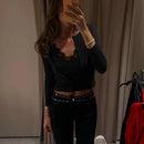 Cardigan Feminino de Renda com Botões e Manga Longa - Cropped Vintage Tricô Suave Casual
