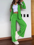 Women 2 Piece Sets Suit Jacket Wide Leg Pants Turn Down Collar Pockets Striped Blazer Coat Trousers 2025 Office Lady Outfits