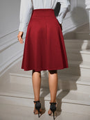 Women's Elegant High Waist Flared Midi Skirt with Bow Belt, Inclusive Fit, Stretch Knit Fabric, Versatile for Office and Party W