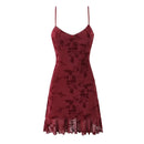 French Vintage Sexy Spaghetti Straps Flowers Short Dress Bungundy Black