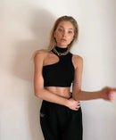 Women High Neck Crop Tank Top With Cut Out Detail Active Asymmetric Crop Tank Top